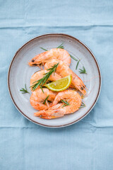 Tiger prawns shrimps set, on  fabric surface, top view flat lay, with copy space for text