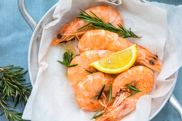 Tiger prawns shrimps set, on  fabric surface, top view flat lay, with copy space for text