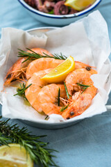 Tiger prawns shrimps set, on  fabric surface, top view flat lay, with copy space for text