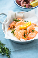 Tiger prawns shrimps set, on  fabric surface, top view flat lay, with copy space for text