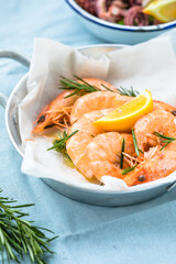 Tiger prawns shrimps set, on  fabric surface, top view flat lay, with copy space for text
