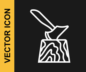 White line Wooden axe in stump icon isolated on black background. Lumberjack axe. Axe stuck in wood. Chopping wood. Vector