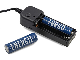 battery compartment with blue batteries and the words energy and turbo, isolated on white background