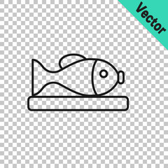 Black line Served fish on a plate icon isolated on transparent background. Vector