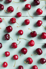 Delicious red cherries placed on the table as a pattern