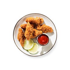 Delicious crispy fried breaded chicken breast strips with ketchup. Isolated on white background, top view