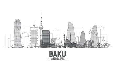 Baku (Azerbaijan) line skyline silhouette. Stroke vector illustration. Business travel and tourism concept with modern buildings. Image for banner or web site.
