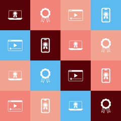 Set pop art Online education with diploma, play video and icon. Vector