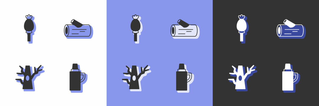 Set Thermos container, Opium poppy, Bare tree and Wooden log icon. Vector