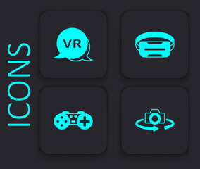Set 360 degree view, Virtual reality, glasses and Gamepad icon. Black square button. Vector