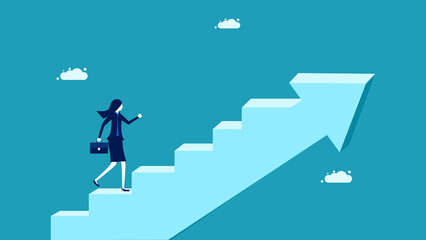 Grow forward. A business woman travels up the arrow ladder of growth. business concept vector illustration