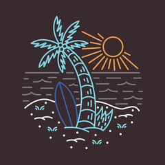 Fototapeta na wymiar Summer with beauty beach and surfing mono line graphic illustration vector art t-shirt design