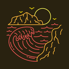Great wave in the summer mono line graphic illustration vector art t-shirt design