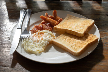 Homemade American Breakfast Served on Table in Morning