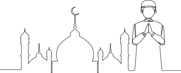 Single one line drawing Young muslim boy greeting Happy Eid Al Adha on mosque background. Continuous line draw design graphic vector illustration.