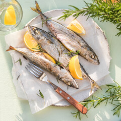 Mackerel fish cooking food preparing. Healthy Nutritious food.