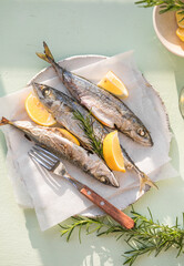 Mackerel fish cooking food preparing. Healthy Nutritious food.