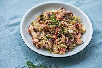 fresh and tasty true Greek kritharaki with octopus