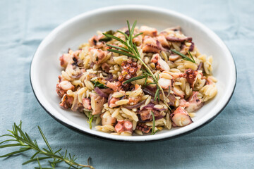 fresh and tasty true Greek kritharaki with octopus