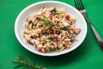 fresh and tasty true Greek kritharaki with octopus
