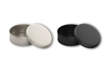 Blank white and black Round cookie tin box mock-up template. Good for packaging design.3d rendering.