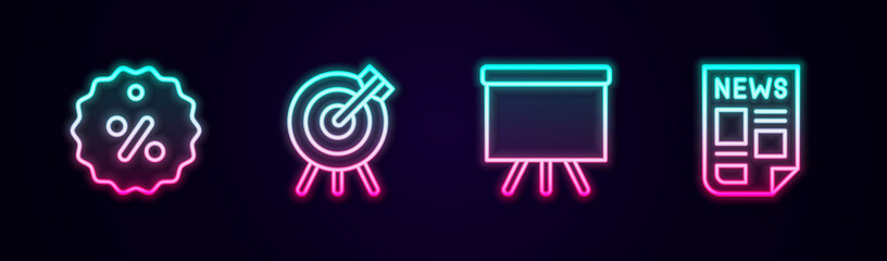 Set line Discount percent tag, Target financial goal, Chalkboard and News. Glowing neon icon. Vector