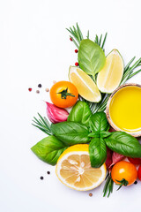 Fresh summer spicy herbs and spices for mediterranean diet. Banner. Tomato, green basil, olive oil, garlic and other. Vegan healthy food on white background. Cooking concept, top view