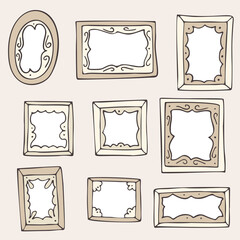 Set of hand drawn doodle vintage frames, squares, vector borders design elements with white backgrounds.