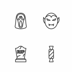 Set line Candy, Tombstone with RIP written, Funny scary ghost mask and Vampire icon. Vector
