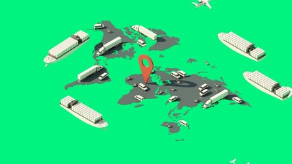 Global logistics network isometric illustration Icons set of air cargo trucking rail transportation maritime shipping On-time delivery Vehicles designed to carry large cargo 
3d rendering animation