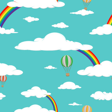 Vector Children's pattern - Clouds, Rainbows, Balloons, in the blue sky