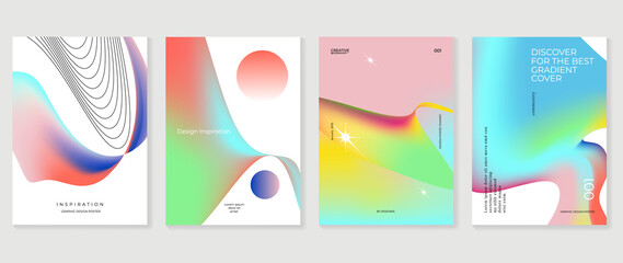 Abstract gradient fluid liquid cover template. Set of modern poster with vibrant graphic color, cute elements, circle shapes, hologram. Retro style design for brochure, flyer, wallpaper, banner.