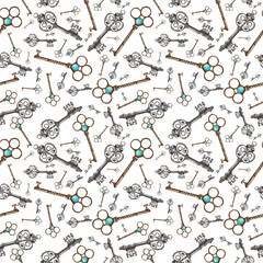 Seamless pattern. set of hand drawn vintage keys. Sketch style illustration isolated on white background. Old design.