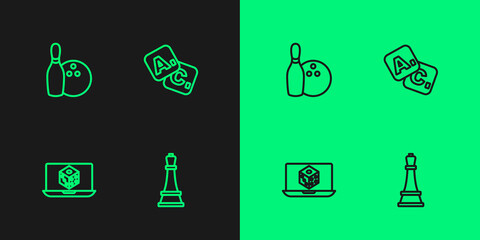 Set line Chess, Game dice, Bowling pin and ball and Bingo icon. Vector