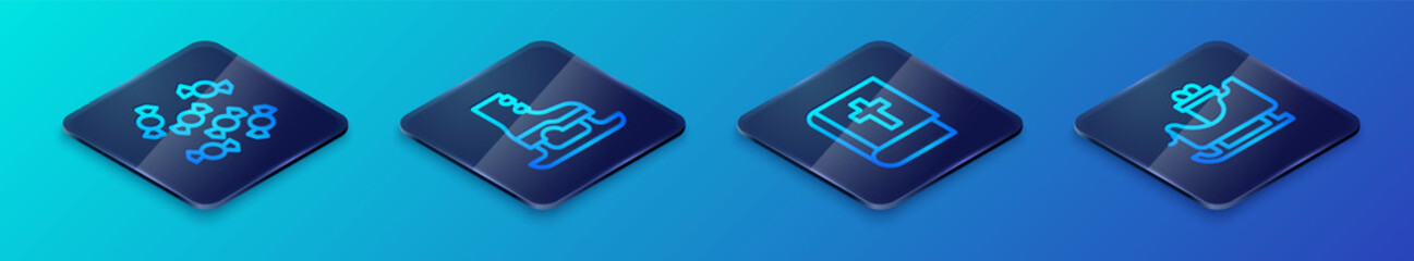 Set Isometric line Holy bible book, Candy, Christmas santa claus sleigh and Skates icon. Vector