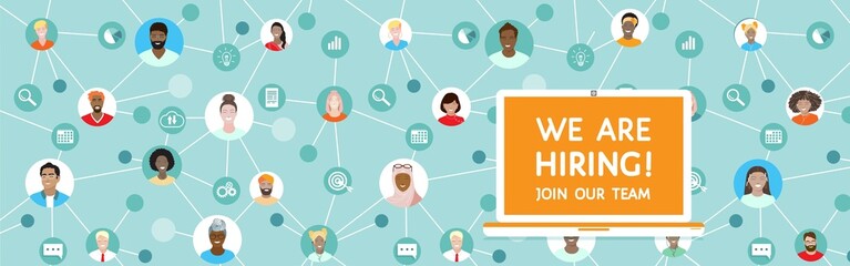 We are hiring, Join our team - human resources recruitment, vector banner with laptop at distance working connected in network people, employees, outsource staff. Diverse international team background