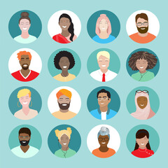 Set of colorful avatars, diverse smiling people. Minimal cartoon young female, male portraits. Multicultural diversity students, international team, arabic, asian, african, indian friends. Flat vector