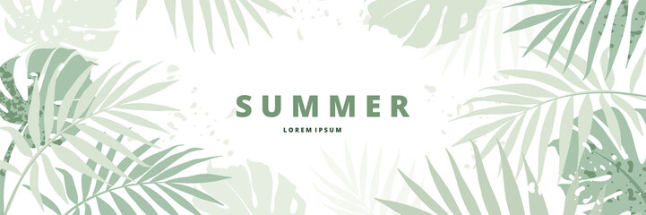 Summer green background. Horizontal banner template with tropical leaves, flowers. Vector abstract illustration for poster, postcard, header  website  - obrazy, fototapety, plakaty