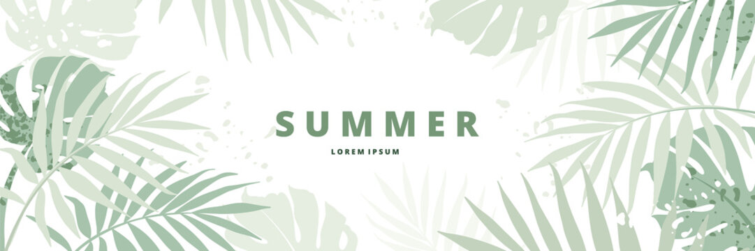 Summer green background. Horizontal banner template with tropical leaves, flowers. Vector abstract illustration for poster, postcard, header  website 