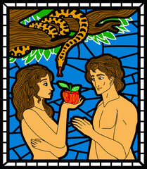 adam and eve and  the snake taking apples in eden garden stained glass - obrazy, fototapety, plakaty