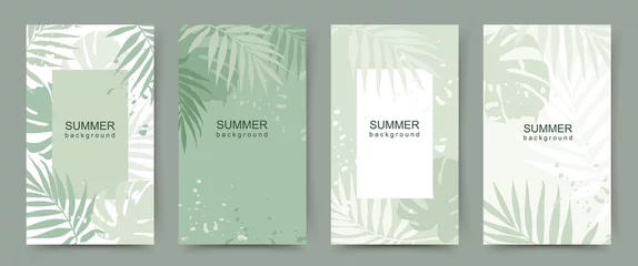 Poster Summer green background with tropical palm leaves. Abstract banner with jungle  theme. Set of backgrounds for social media post, sale, flyer, postcard, poster © Feodora_21