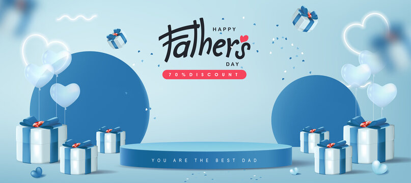 Father's Day card with product display cylindrical shape and gift box for dad on blue background