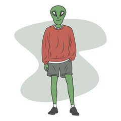Alien character is standing and wearing casual clothes in flat cartoon style
