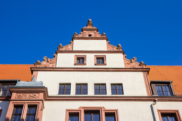 Decorated gable on a historic house in Magdeburg, Germany