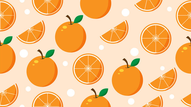 Fresh fruit seamless pattern vector. Summer orange, leaves, round shapes, tropical fruits background. Oranges repeated in fabric pattern for prints, wallpaper, cover, papers, packaging.