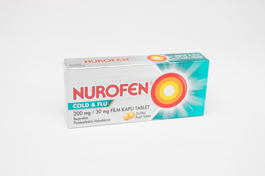 Packaging of Nurofen tablets. Antalya, Turkey - 02.09.2022