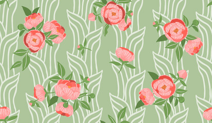 Seamless repeat pattern with blooming peonies in pastel pink,green foliage and vertical lines.Vintage floral background and texture for printing on fabric and paper.Vector hand drawn illustration.