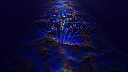 Futuristic wave. The concept of big data. Cybernetics, science and technology. Abstract dark background of blue and orange dots. Visualization of the technological landscape. 3d rendering.
