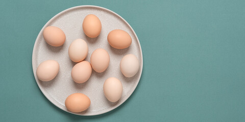Brown eggs in a plate on a pastel turquoise background. Top view, flat lay. Banner.
