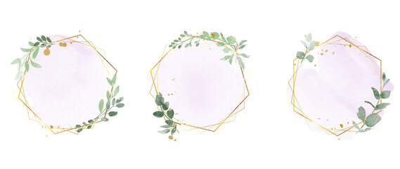Luxury botanical gold wedding frame elements on white background. Set of rectangle, glitters, eucalyptus leaves, blue leaf branches. Elegant foliage design for wedding, card, invitation, greeting. - obrazy, fototapety, plakaty